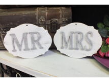 Fa "Mr & Mrs" vintage tábla fehér-szürke