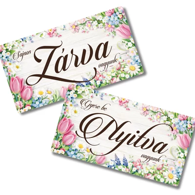 Nyomtatott fa tábla Zárva-Nyitva tulipános