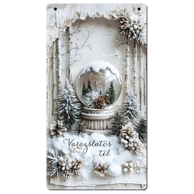 Nyomtatott fa tábla - Vintage fehér téma - hógömb 13x24,3cm Nyomtatott fa tábla - Vintage fehér téma - hógömb 13x24,3cm