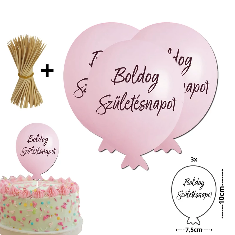  Nyomtatott dekorkarton- Boldog születésnapot lufi - rózsaszín 3db/csomag
