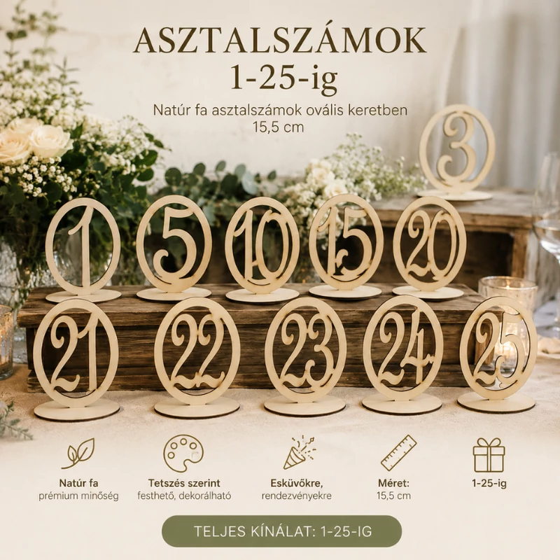 Natúr fa asztalszám ovális keretben 1-25-ig