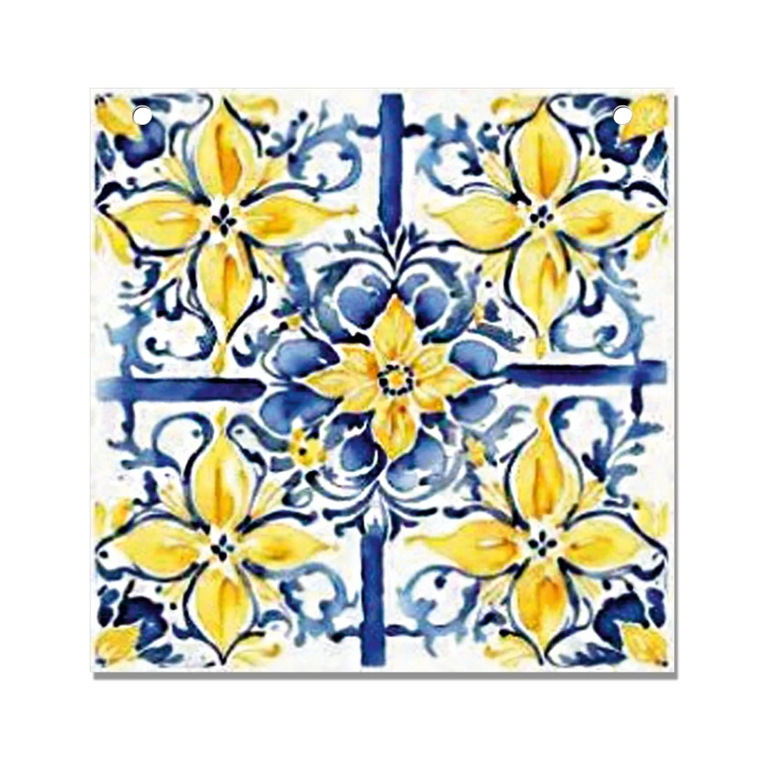 Nyomtatott fa tábla - Mediterrán csempe minta - kék-sárga 12,5x12,5cm