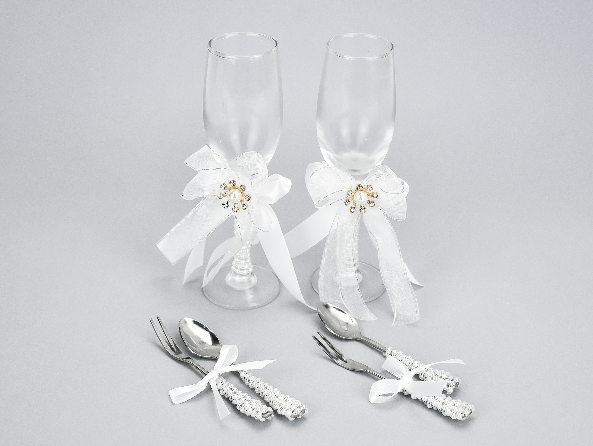 Esküvői pezsgős pohár szett + kanál villa-KIFUTÓ